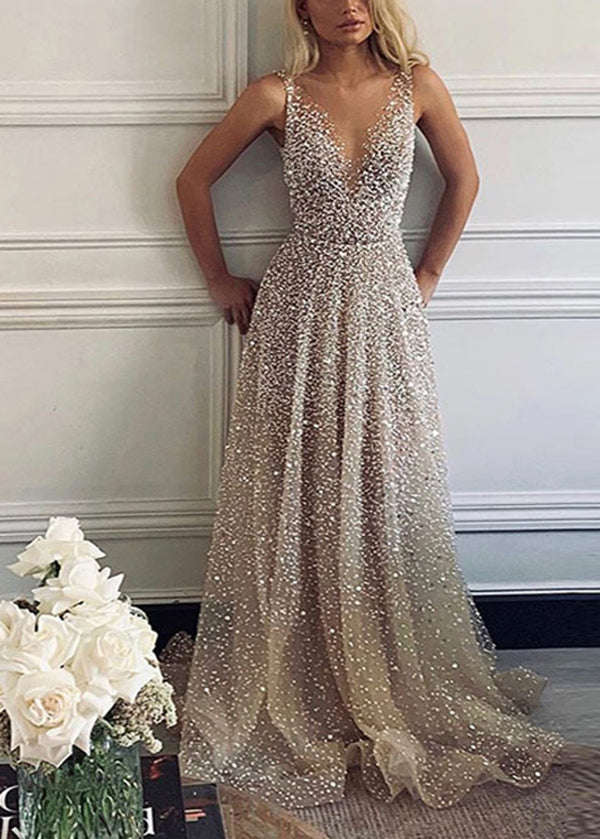 Silver V Neck Spaghetti Strap Dress Summer
