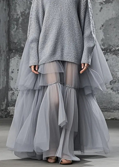 Grey Oversized Patchwork Tulle Sweater Dress Fall