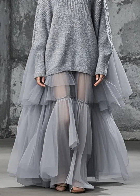 Grey Oversized Patchwork Tulle Sweater Dress Fall