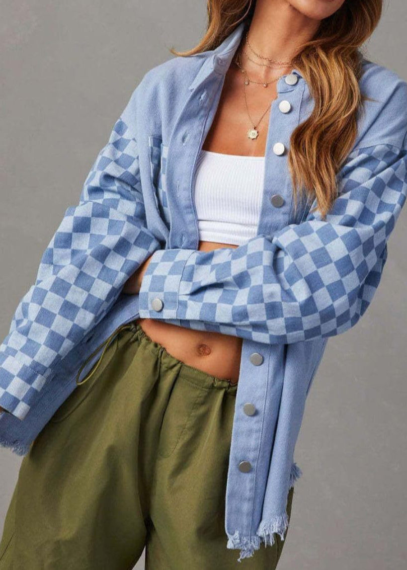 Boutique Blue Peter Pan Collar Plaid Patchwork Denim Shirts Coats Fall