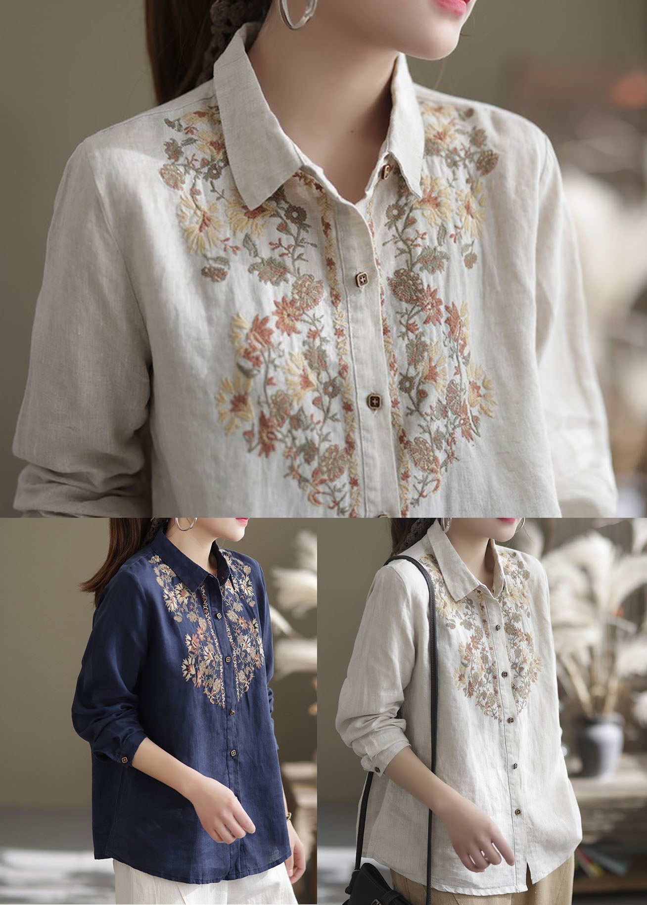 Beige Peter Pan Collar Embroidered Linen Top Spring