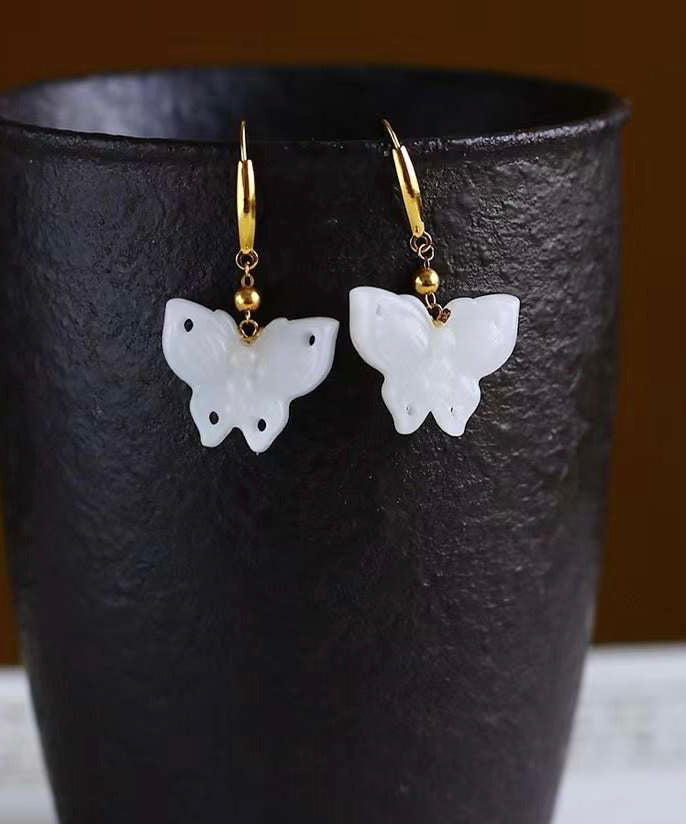 White Sterling Silver Overgild Jade Butterfly Drop Earrings