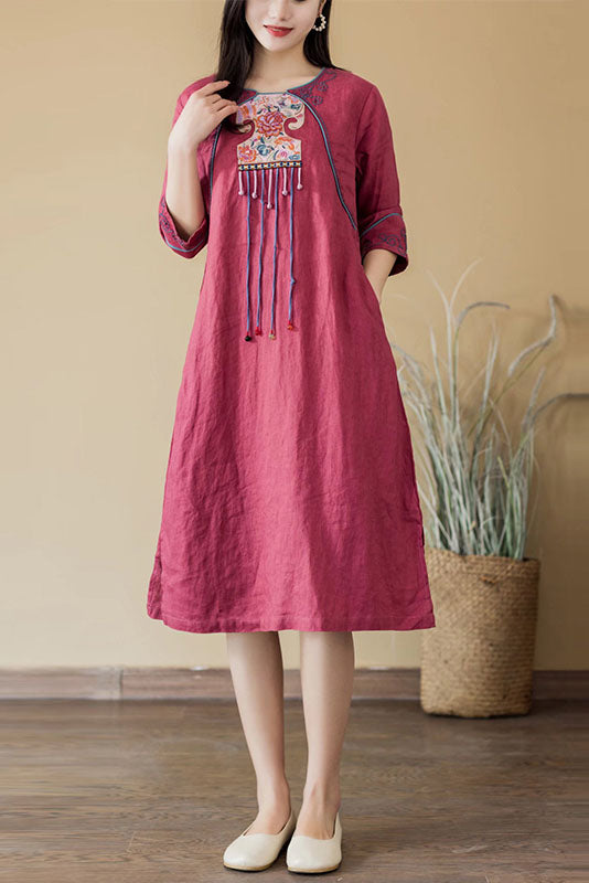 Summer Retro Five-quarter Sleeve Dress Cotton Linen Embroidered Long Dress