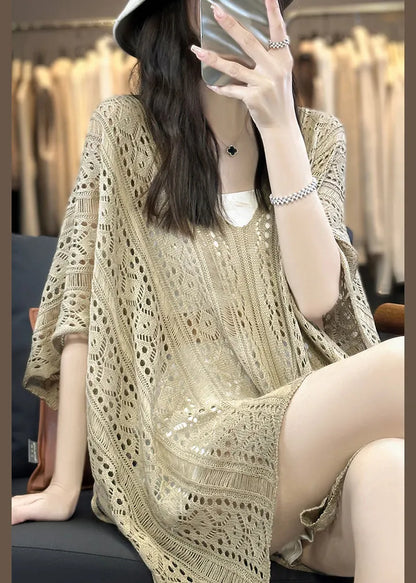 Camel Side Open Knit Summer T Shirts V Neck Hollow Out