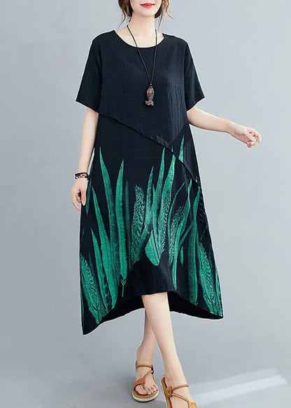 Loose Black O-neck Print Linen Maxi Dress Short Sleeve