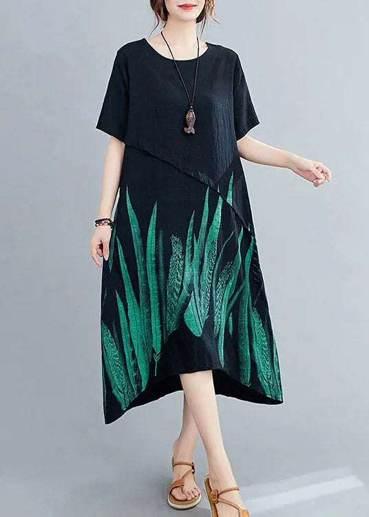 Loose Black O-neck Print Linen Maxi Dress Short Sleeve
