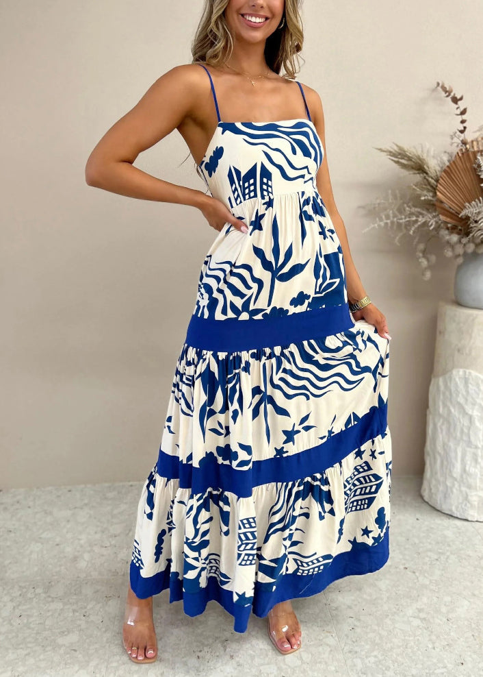 Navy Print Cotton Spaghetti Strap Dresses Summer
