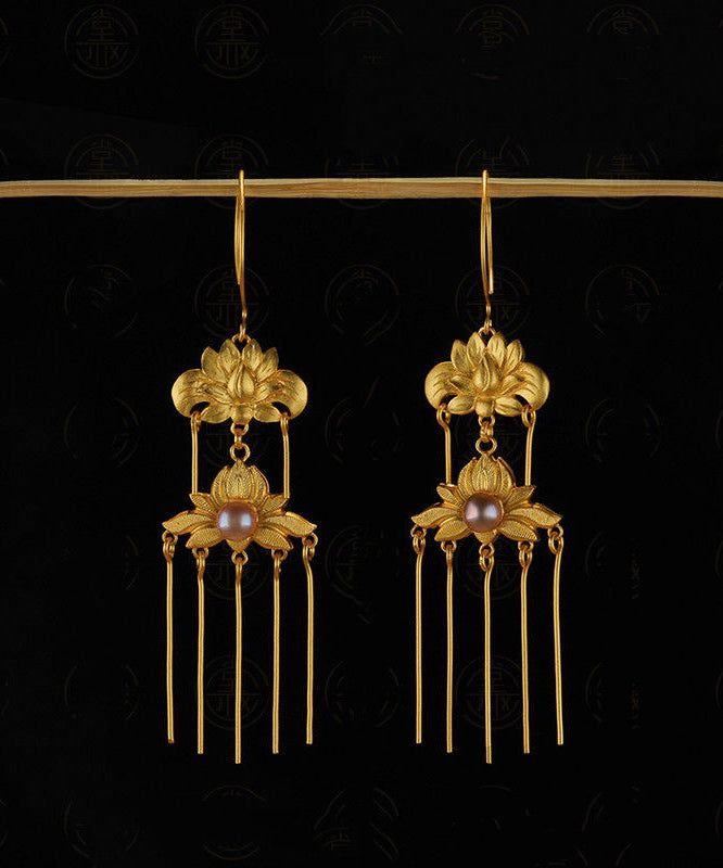 Gold Sterling Silver Overgild Pearl Tassel Drop Earrings