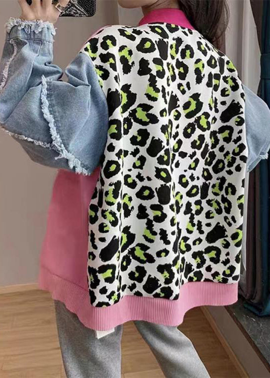 Pink V Neck Print Denim Patchwork Knit Cardigan Spring