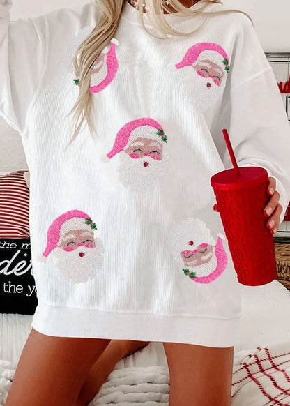 Stylish White O Neck Christmas Print Cotton Sweatshirt Winter