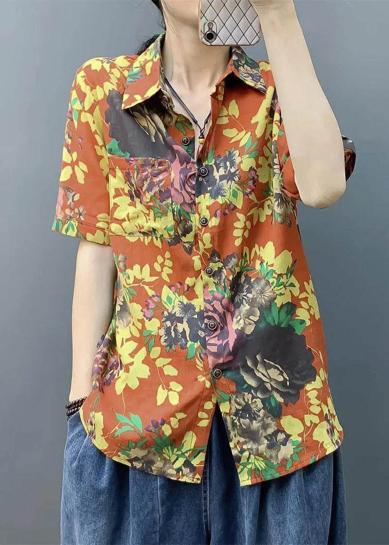 Stylish Yellow Print Pockets Cotton Shirts Short Sleeve