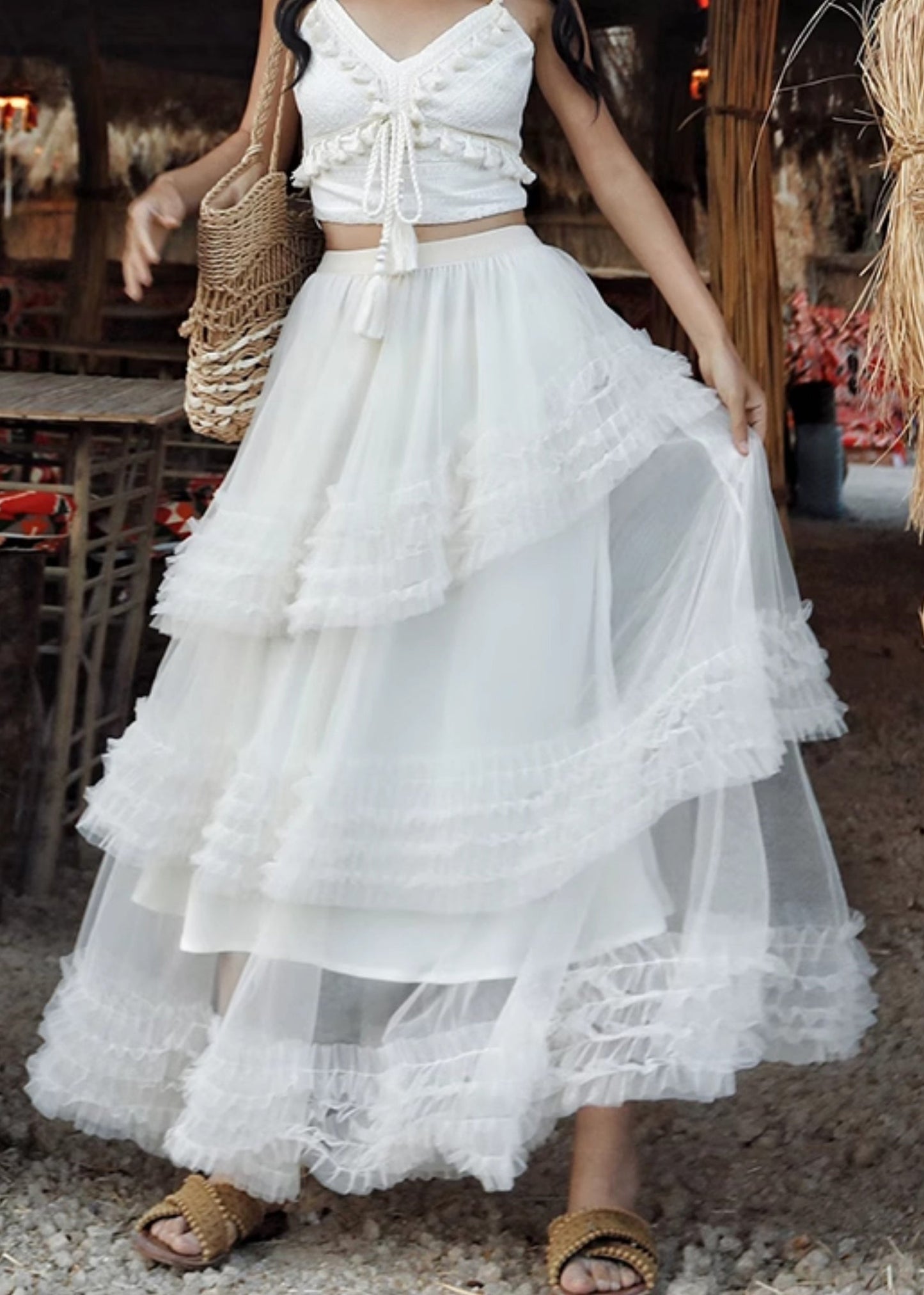 White Elastic Waist Tulle Summer Maxi Skirts Ruffled