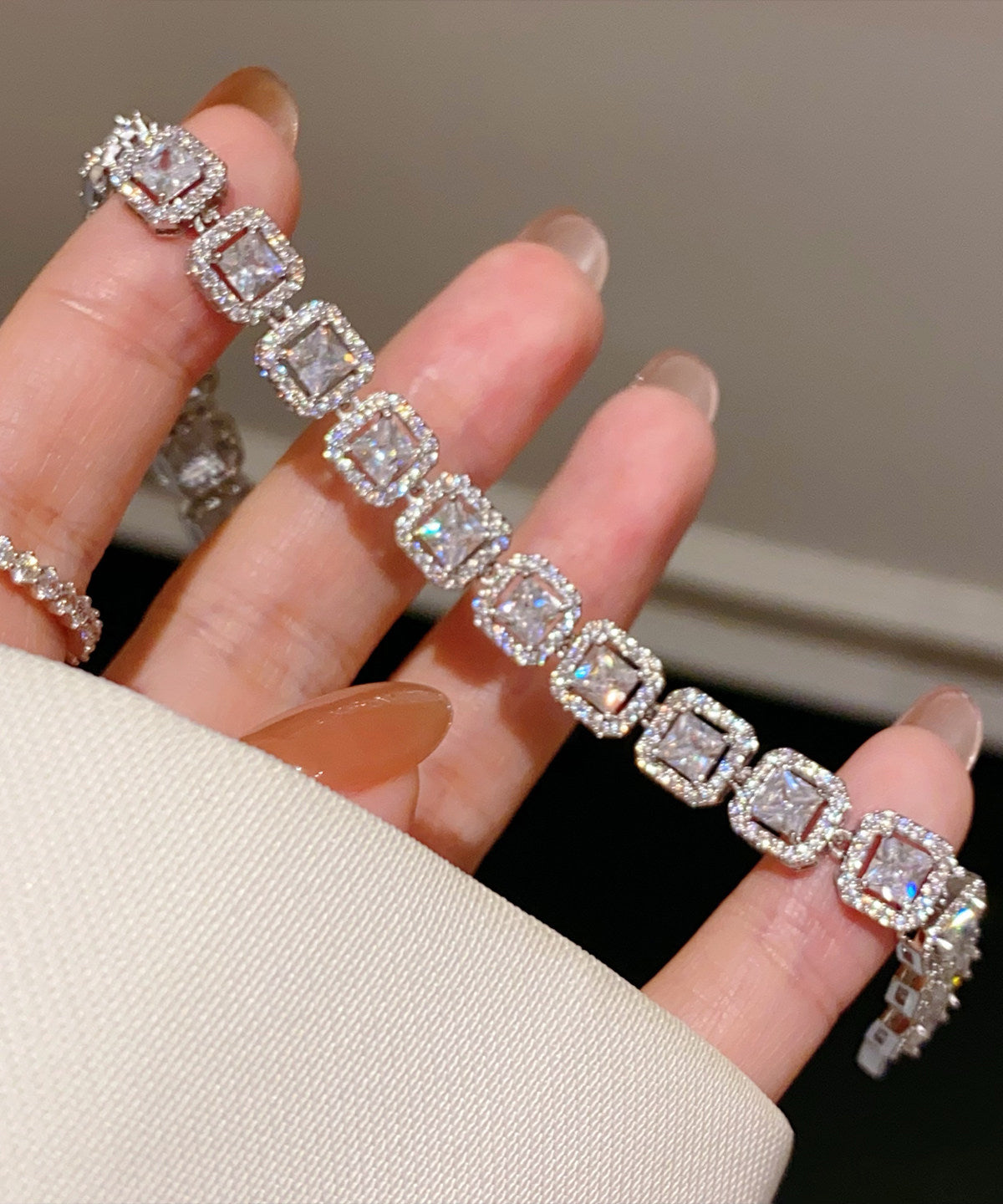 Silvery Square Zircon Chain Bracelet