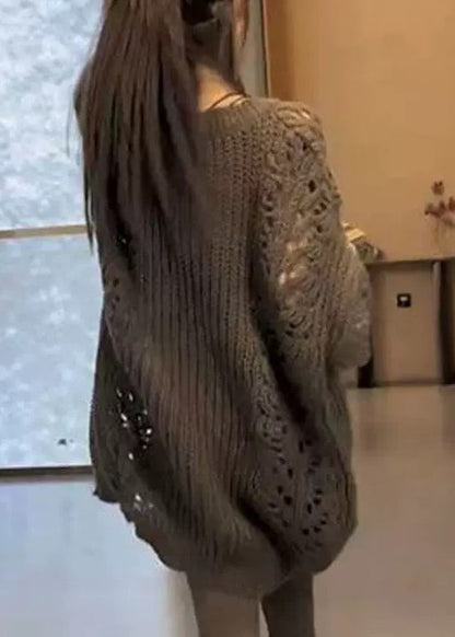 Loose Dark Gray V Neck Hollow Out Knit Sweater Spring
