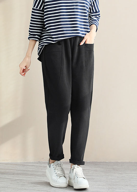 Black Patchwork Cotton Pants Pockets Color Spring