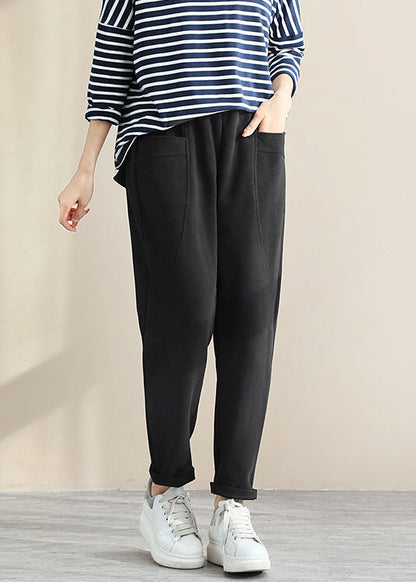 Black Patchwork Cotton Pants Pockets Color Spring