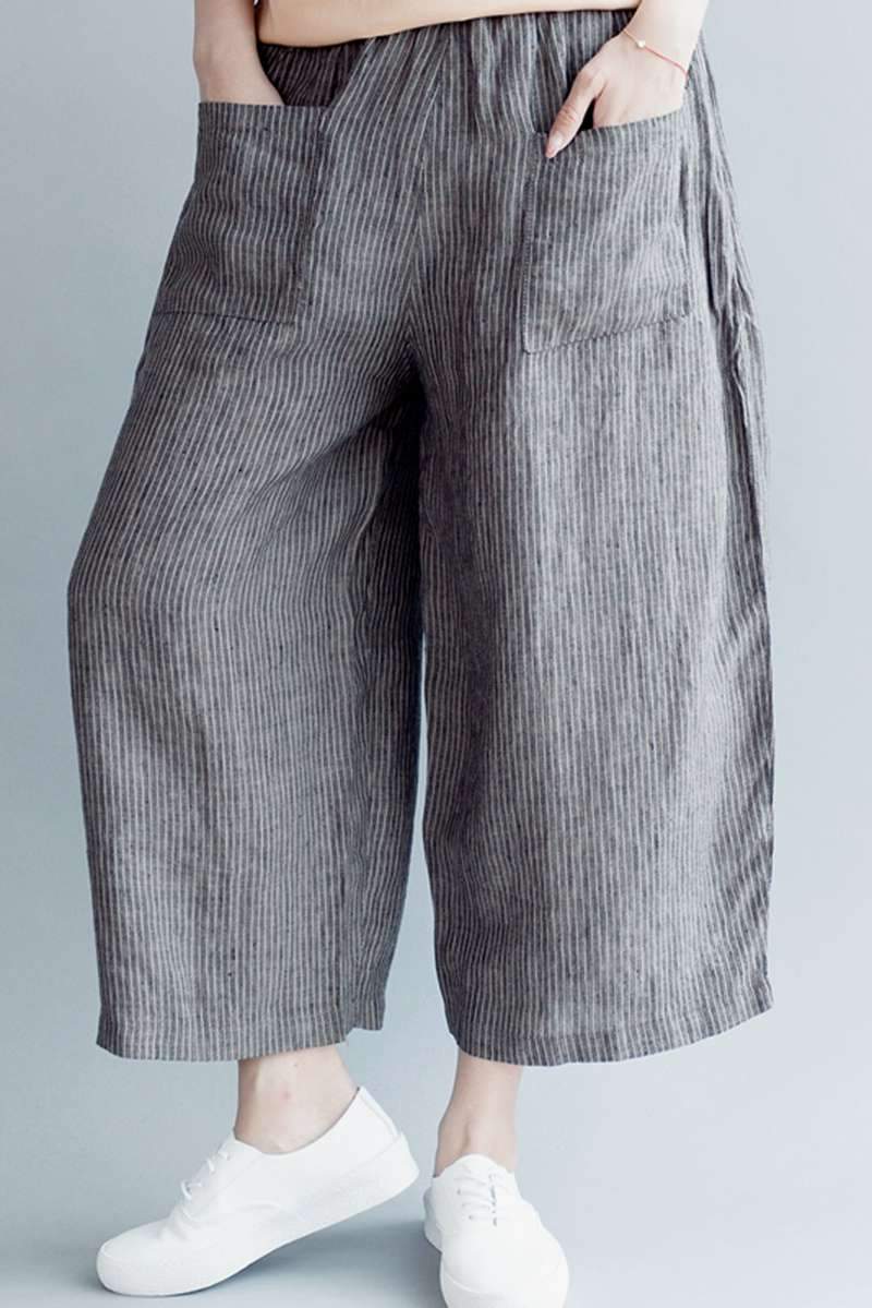 Striped Wide Led Cotton Linen Pants Trousers