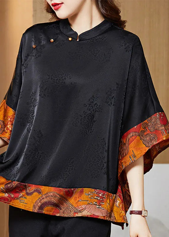 Black Mandarin Collar Asymmetrical Patchwork Jacquard Silk Shirts Batwing Sleeve