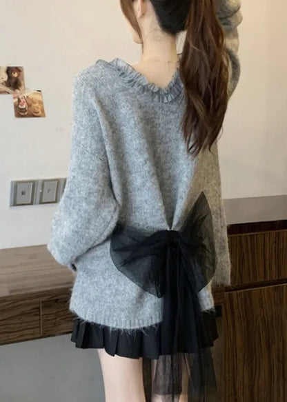 Italian Red Ruffled Patchwork Bow Knit Pullover Winter