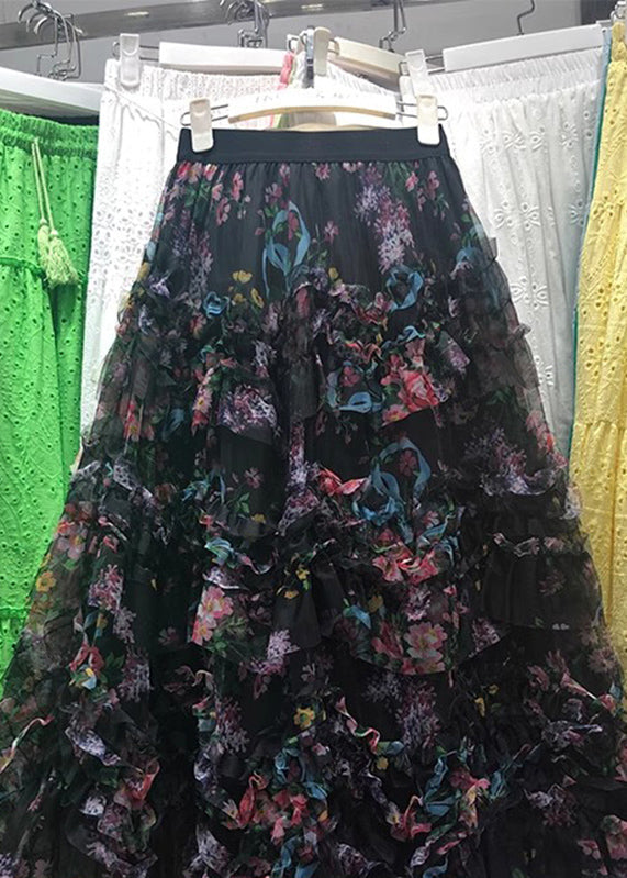 Art Black Print Elastic Waists Tulle a Line Skirt Spring