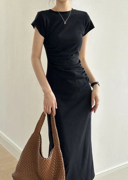 Black High Waist Cotton Dress O-neck Short Sleeve