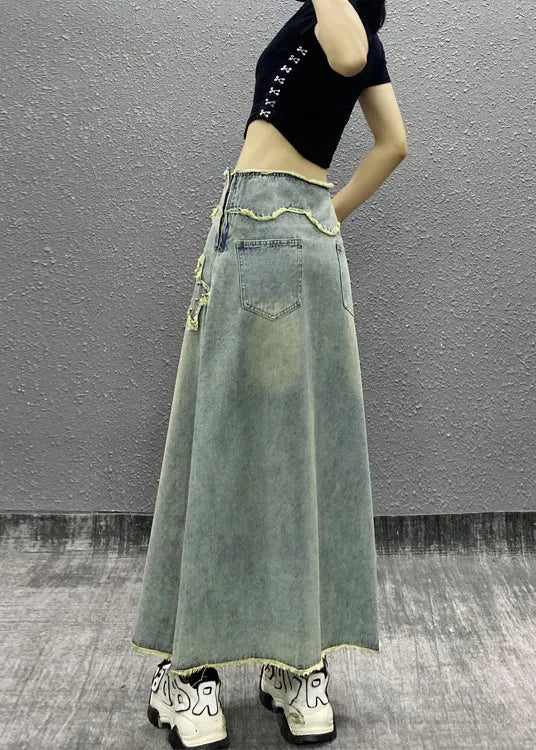 Blue Tasseled Nail Bead High Waist Denim Skirts Fall