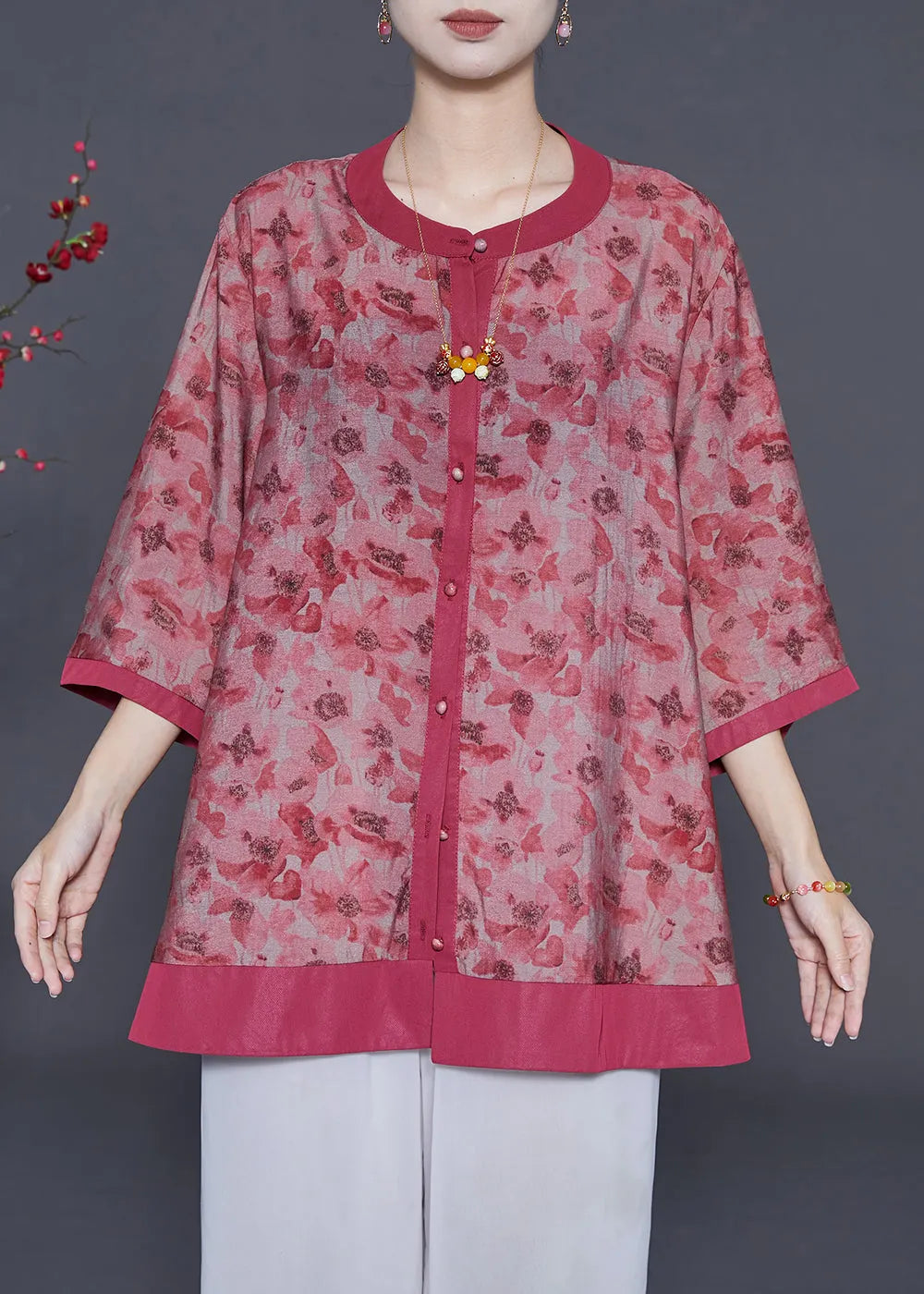 Red Print Cotton Shirt Oversized Bracelet Sleeve