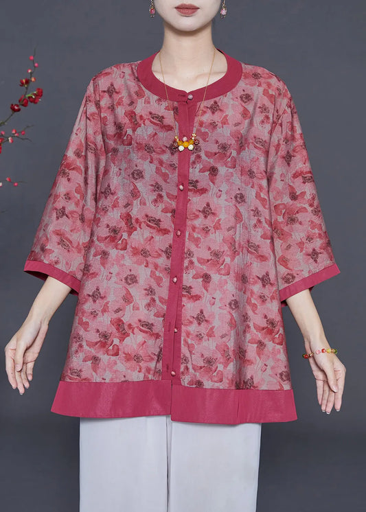 Red Print Cotton Shirt Oversized Bracelet Sleeve