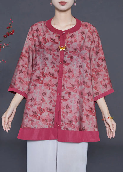 Red Print Cotton Shirt Oversized Bracelet Sleeve