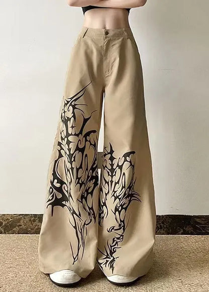 Khaki Print High Waist Cotton Wide Leg Pants Summer