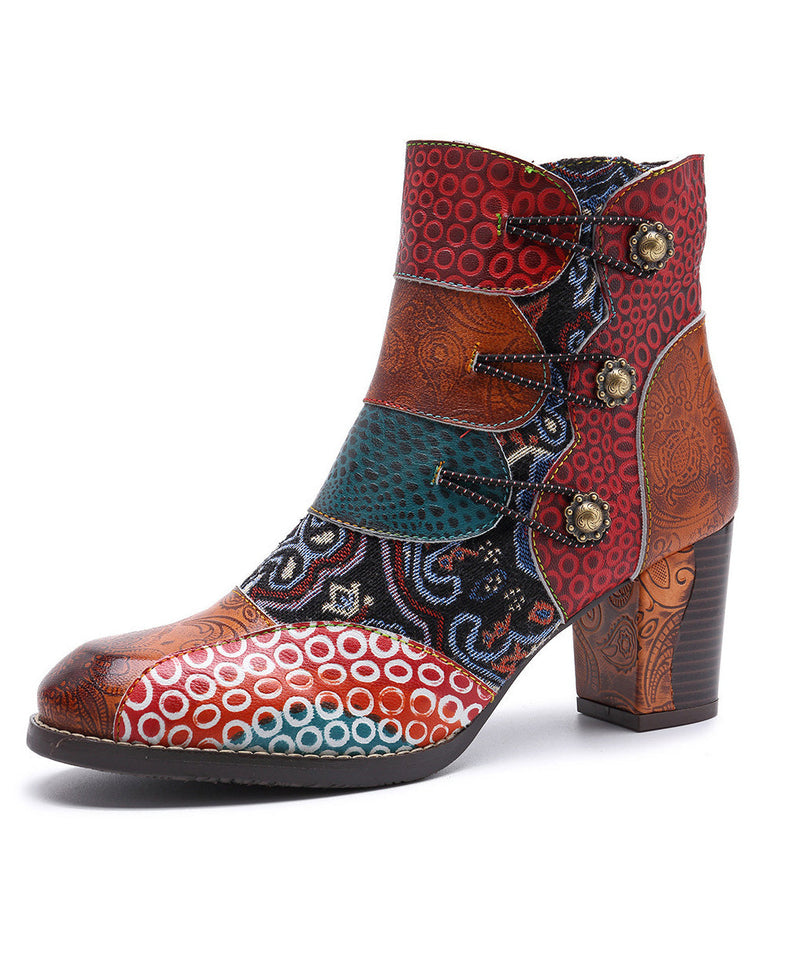 Brown Embossed Splicing Chunky Heel Boots