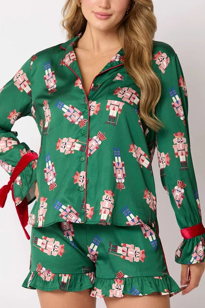 Christmas Fashion Printed Bow Top and Elastic Waist Ruffle Shorts Set