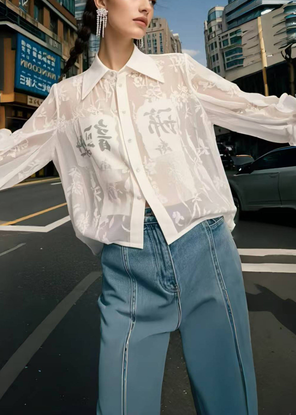 White Print Chiffon Upf 50+ Shirts Spring
