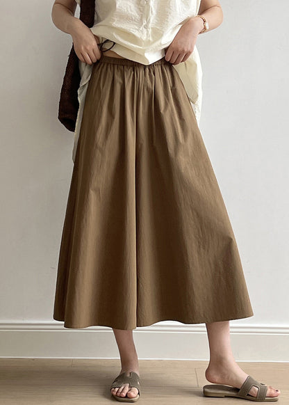 Brown Pockets Elastic Waist Cotton Crop Wide Leg Pants Summer