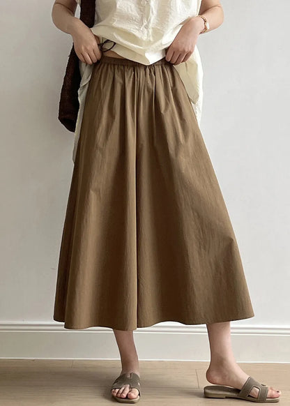 Brown Pockets Elastic Waist Cotton Crop Wide Leg Pants Summer