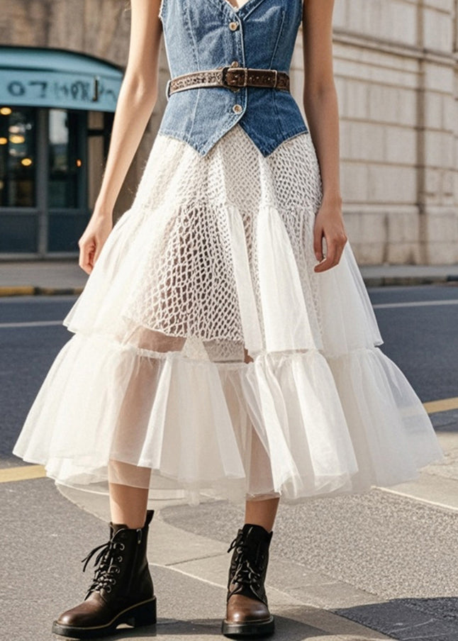Denim Blue Cinched Patchwork Tulle Vacation Dresses Summer