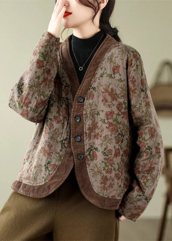 V Neck Print Button Fine Cotton Filled Jackets Spring
