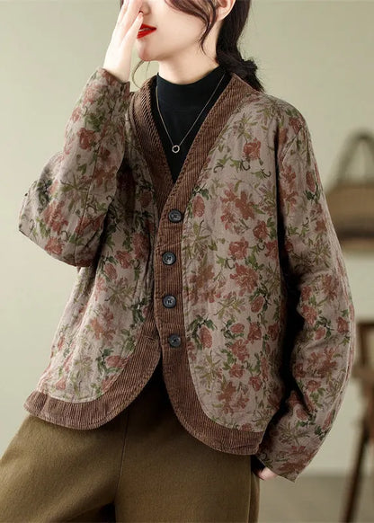 V Neck Print Button Fine Cotton Filled Jackets Spring