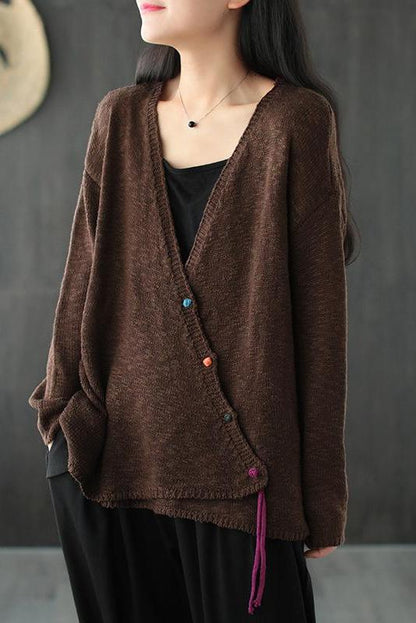 Knitted Retro Pure Color V-neck Sweater Coat