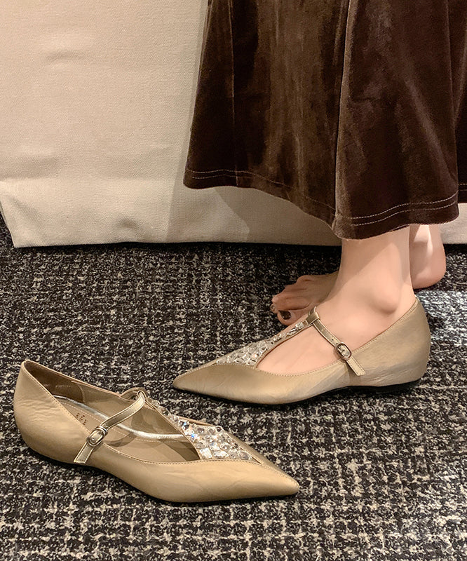 New Apricot Zircon Cowhide Leather Wedge Pointed Toe