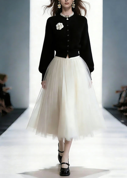 Cotton Knit Cardigans and Tulle Maxi Skirts Two Piece Set Spring