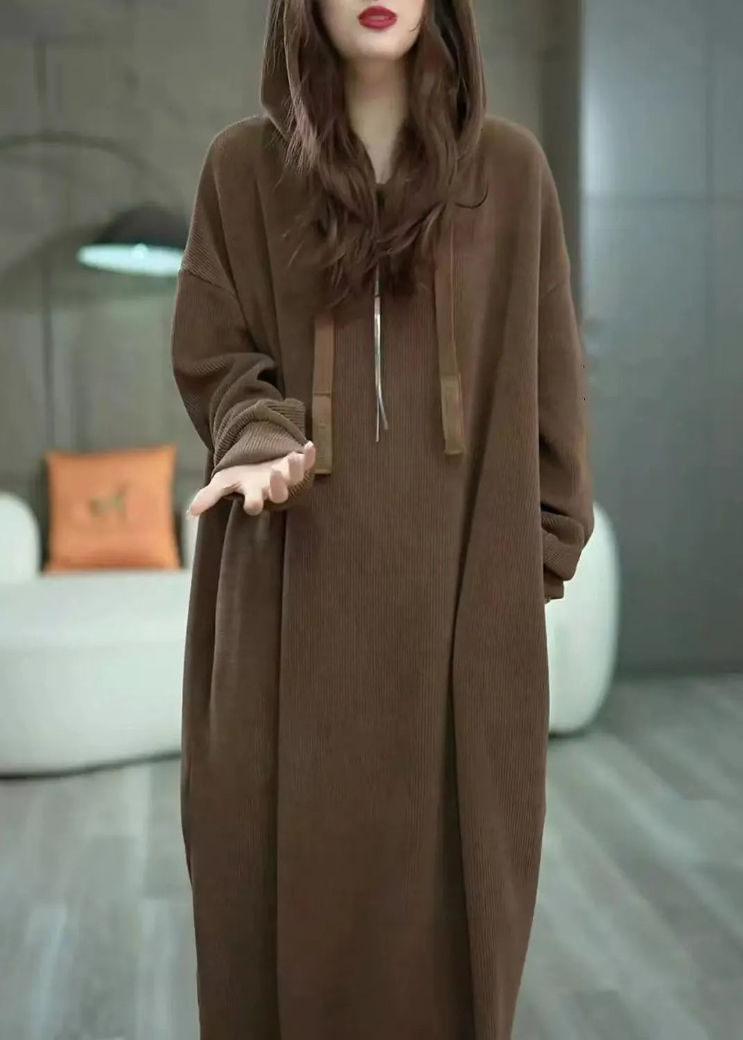 Loose Coffee Hooded Pockets Long Dress Winter