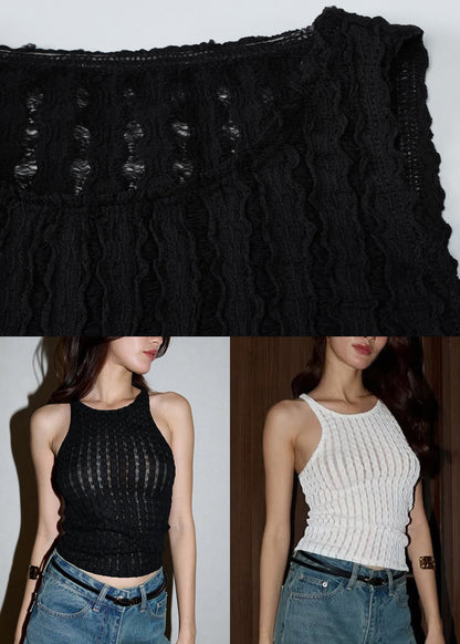 Slim Fit Black O Neck Hollow Out Knit Tanks Sleeveless