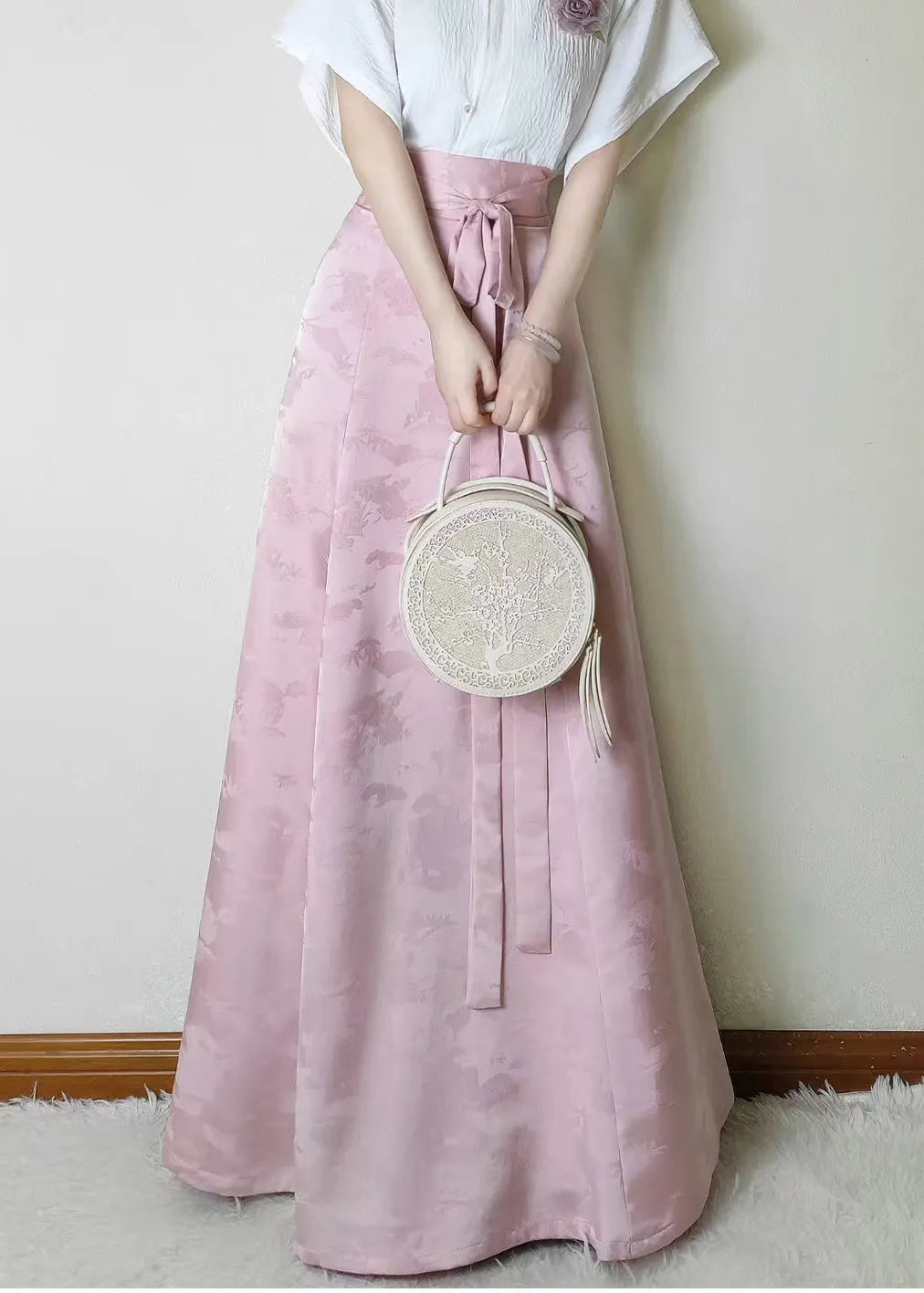 Pink Jacquard Flower Decorated Silk Skirts Fall