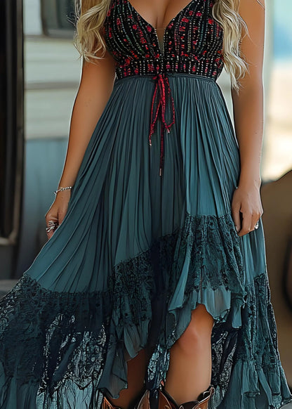 Blue Lace Wrinkled Patchwork Cotton Spaghetti Strap Dress Summer