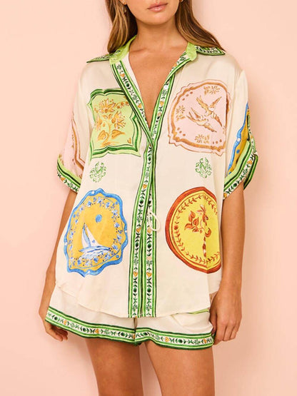 Unique Cream Print Shirt Shorts Set