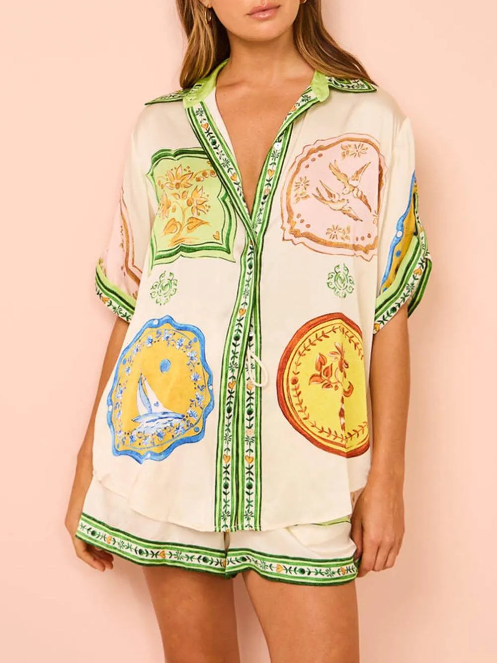 Unique Cream Print Shirt Shorts Set