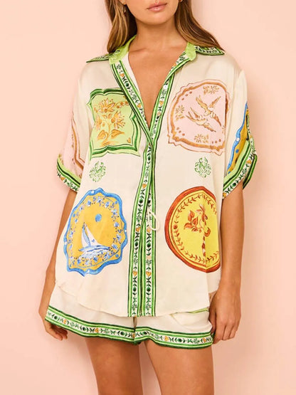 Unique Cream Print Shirt Shorts Set