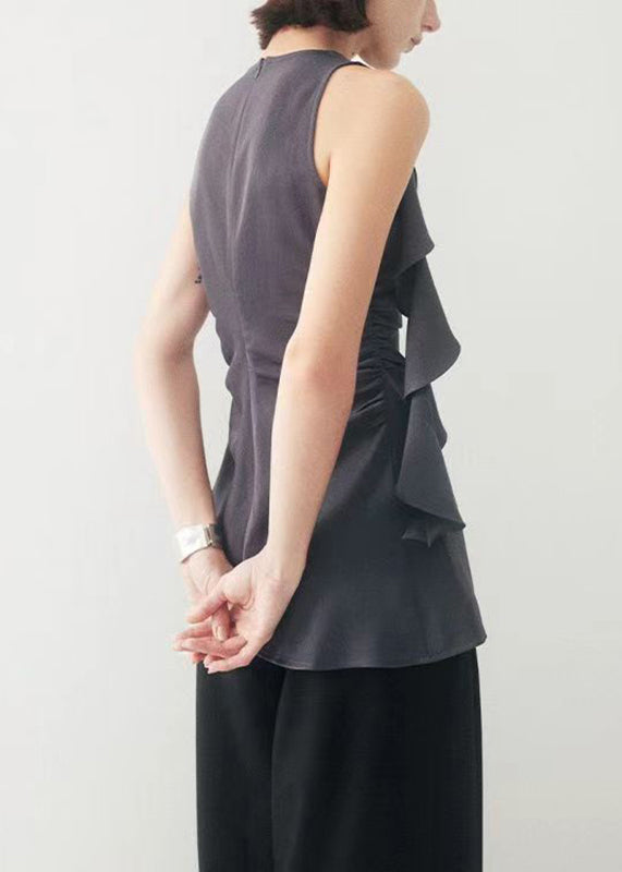 Original Grey O-neck Ruffled Patchwork Side Open Top Sleeveless