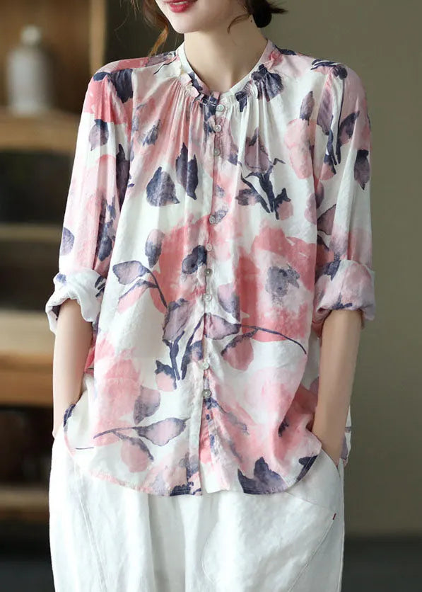 Pink Stand Collar Print Patchwork Cotton Shirt Tops Long Sleeve